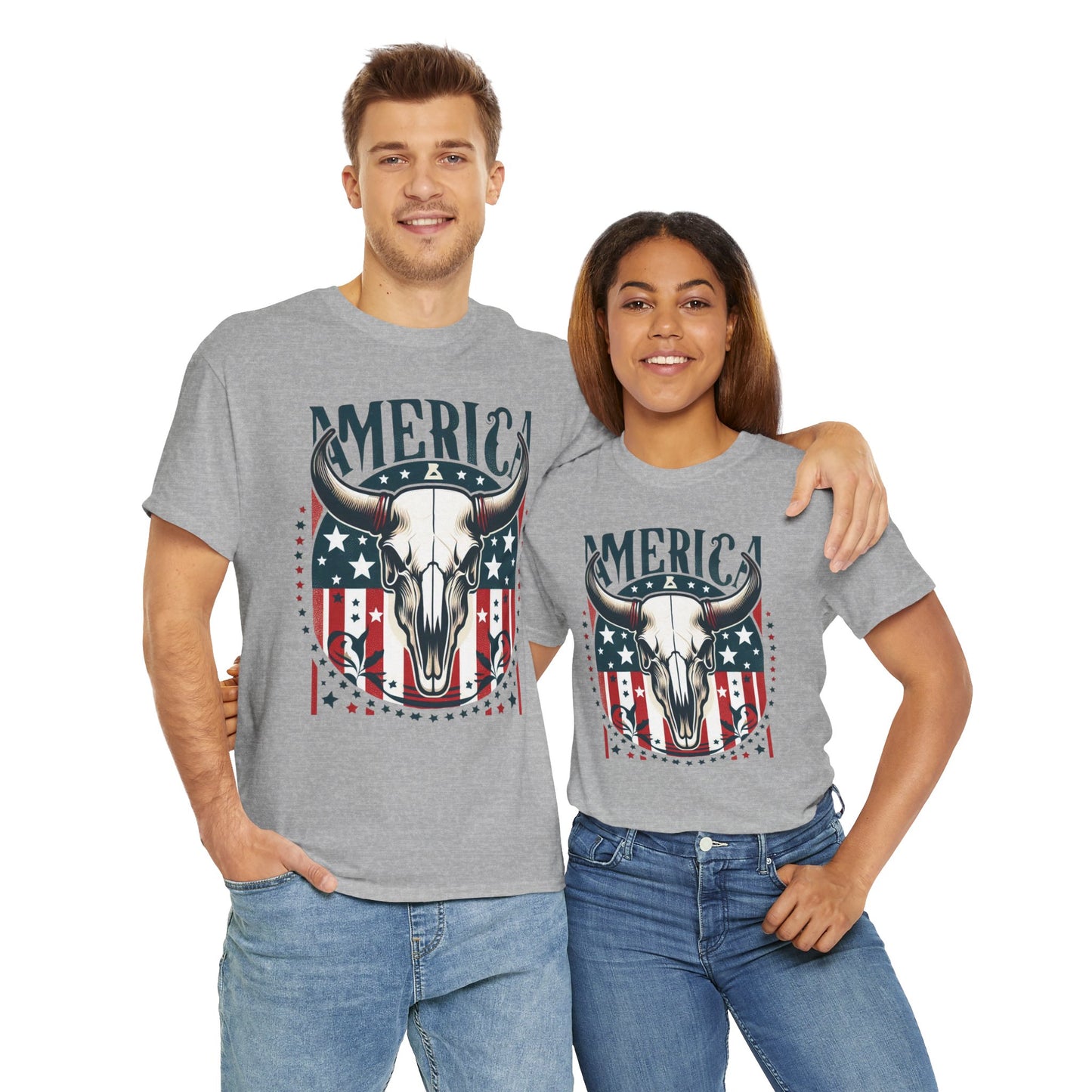 America Cow Skull Graphic Unisex Heavy Cotton Tee - Direct to Garment