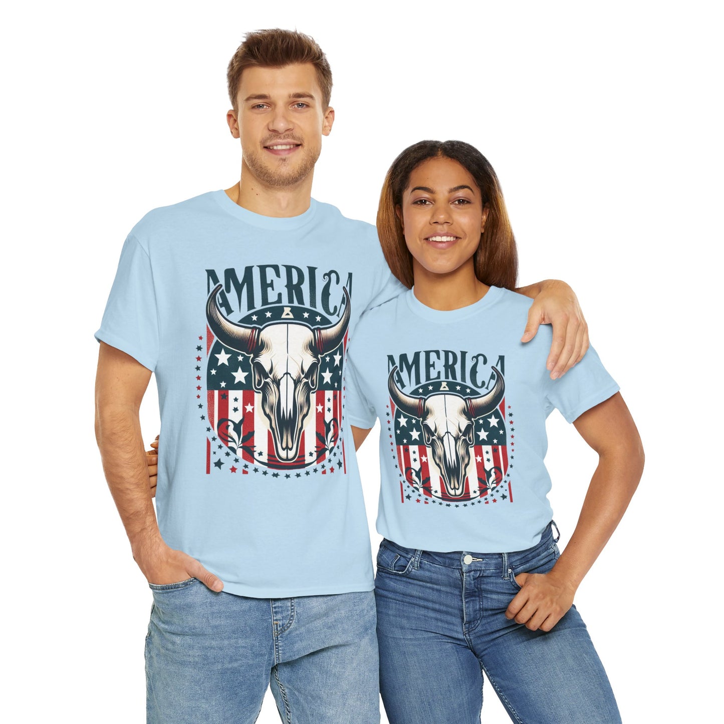 America Cow Skull Graphic Unisex Heavy Cotton Tee - Direct to Garment