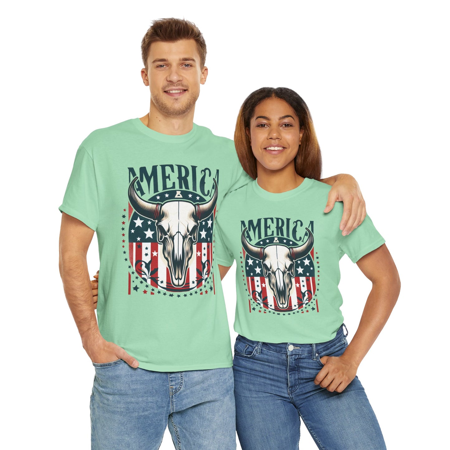 America Cow Skull Graphic Unisex Heavy Cotton Tee - Direct to Garment