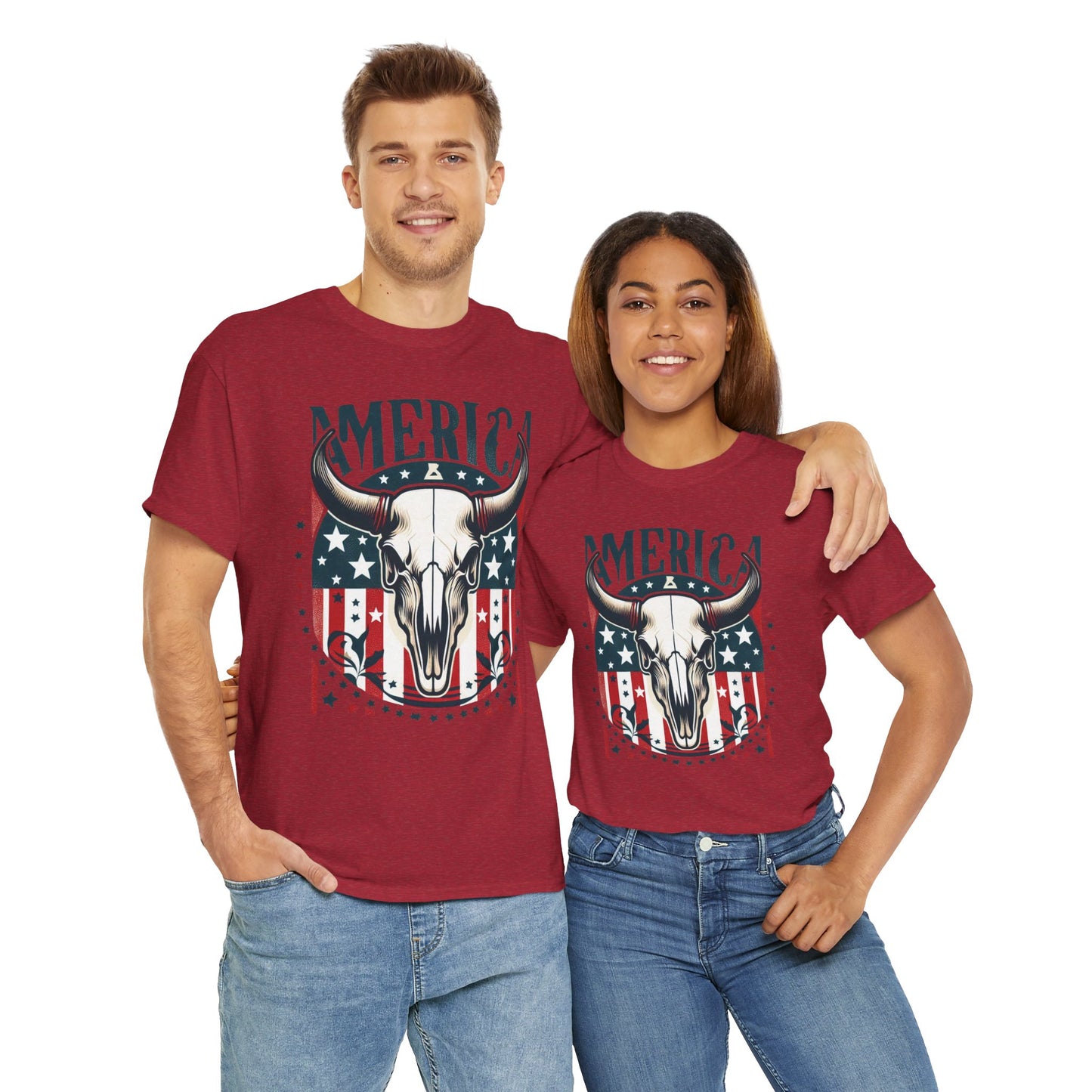America Cow Skull Graphic Unisex Heavy Cotton Tee - Direct to Garment
