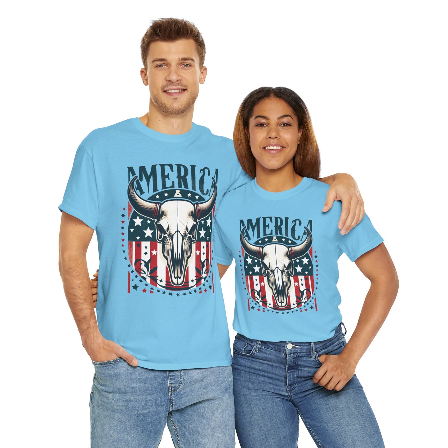 America Cow Skull Graphic Unisex Heavy Cotton Tee - Direct to Garment