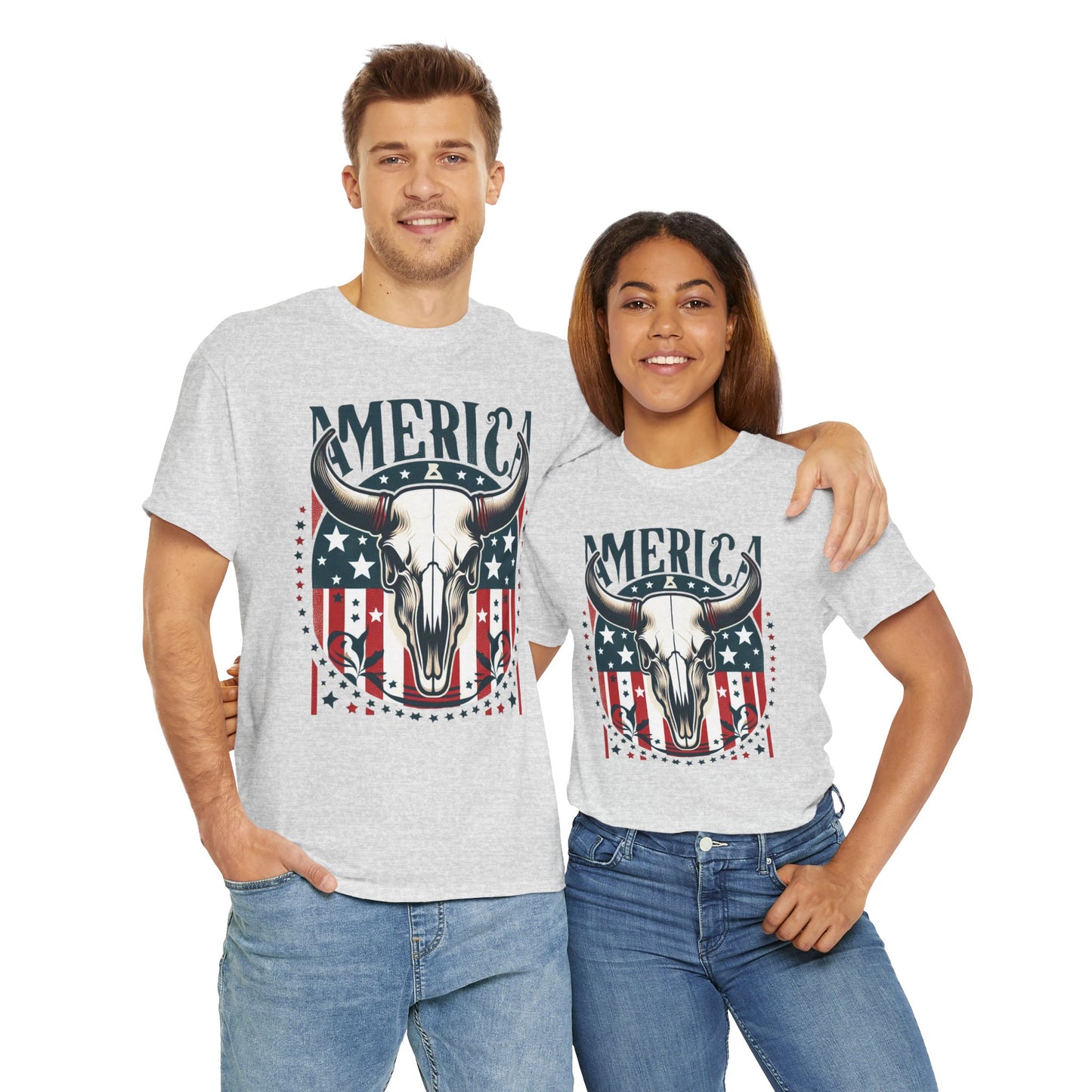 America Cow Skull Graphic Unisex Heavy Cotton Tee - Direct to Garment