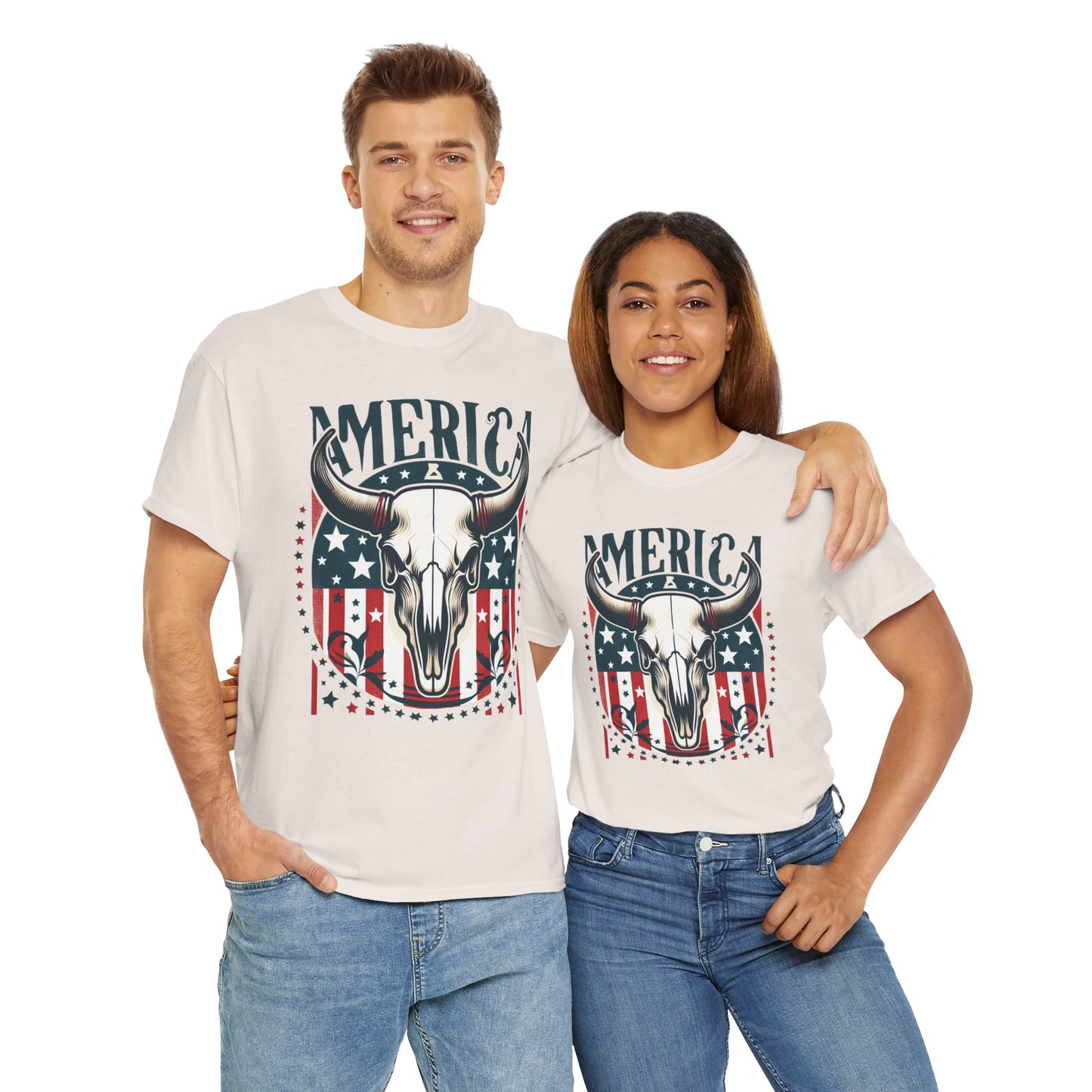 America Cow Skull Graphic Unisex Heavy Cotton Tee - Direct to Garment