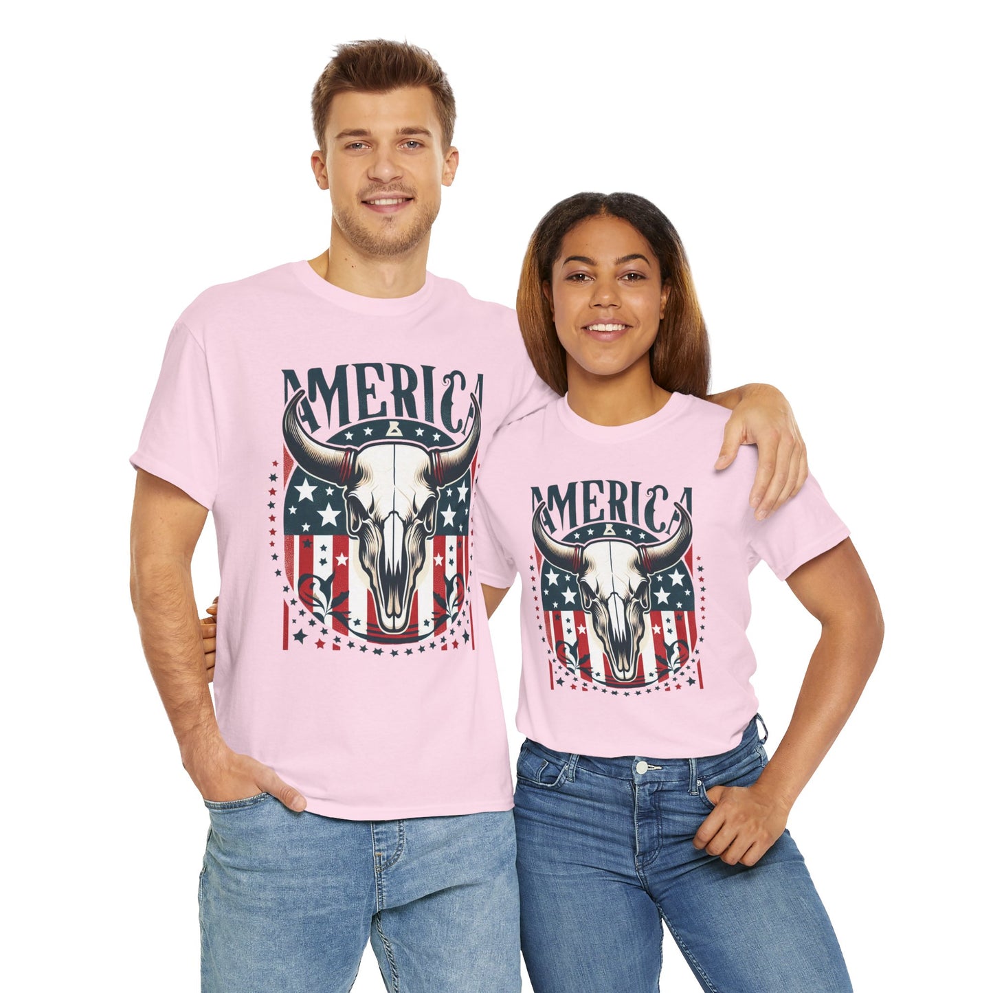 America Cow Skull Graphic Unisex Heavy Cotton Tee - Direct to Garment
