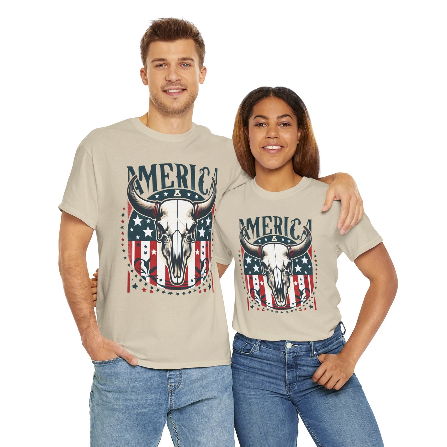 America Cow Skull Graphic Unisex Heavy Cotton Tee - Direct to Garment