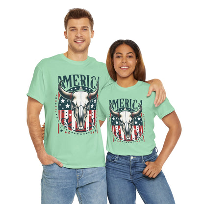 America Cow Skull Graphic Unisex Heavy Cotton Tee - Direct to Garment
