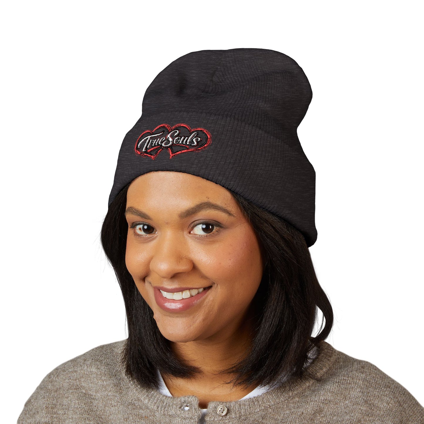 True Souls Double Heart Embroidered Cuffed Beanie