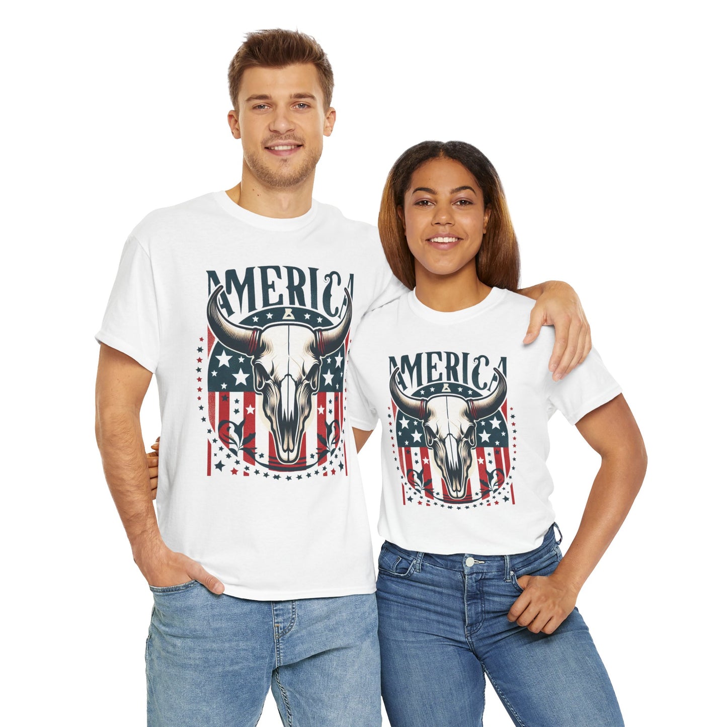 America Cow Skull Graphic Unisex Heavy Cotton Tee - Direct to Garment