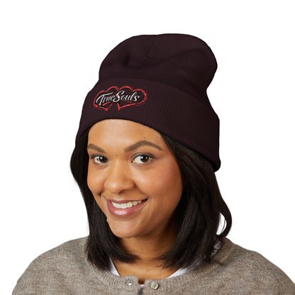 True Souls Double Heart Embroidered Cuffed Beanie