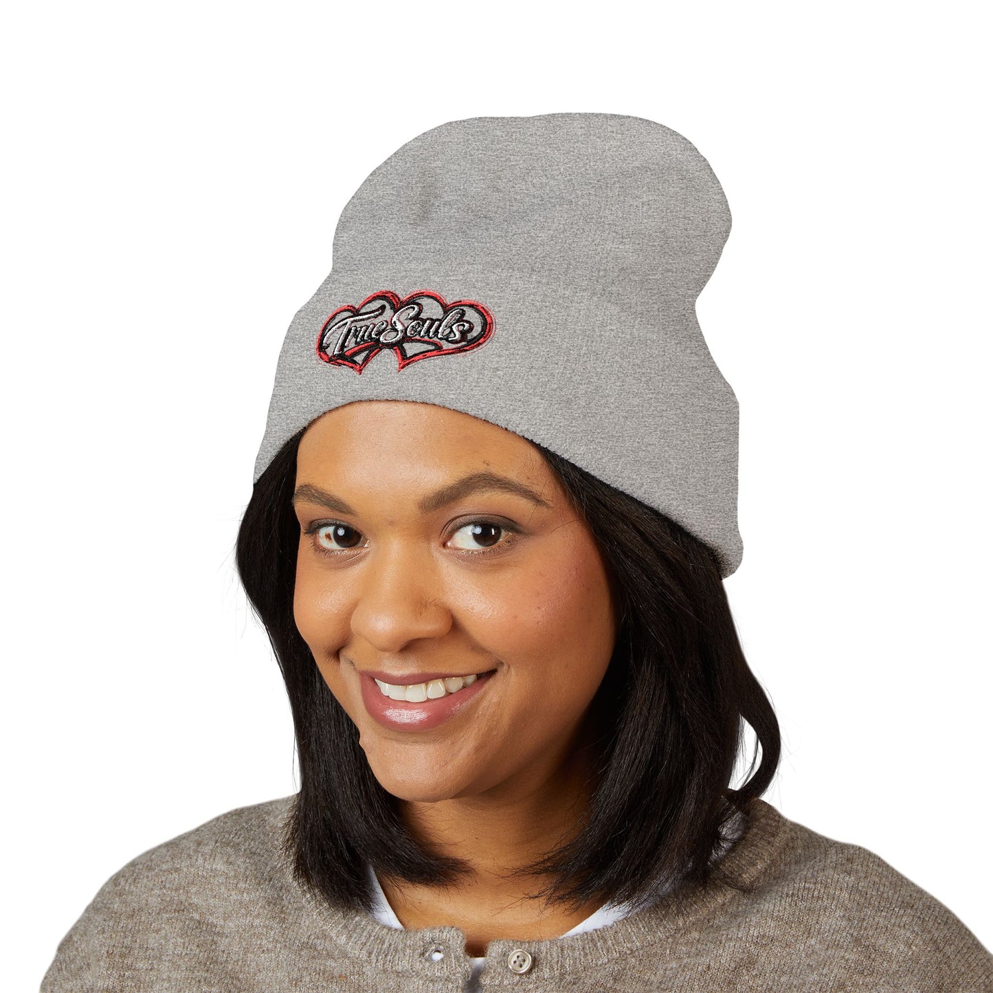 True Souls Double Heart Embroidered Cuffed Beanie