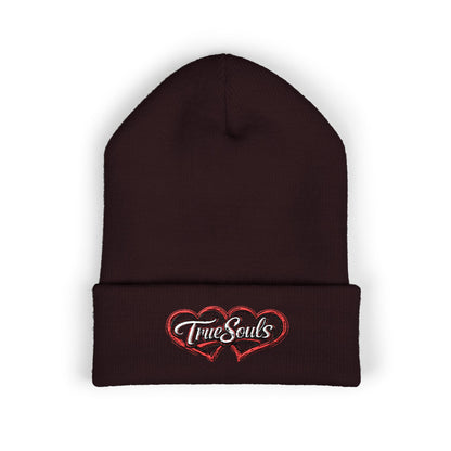 True Souls Double Heart Embroidered Cuffed Beanie