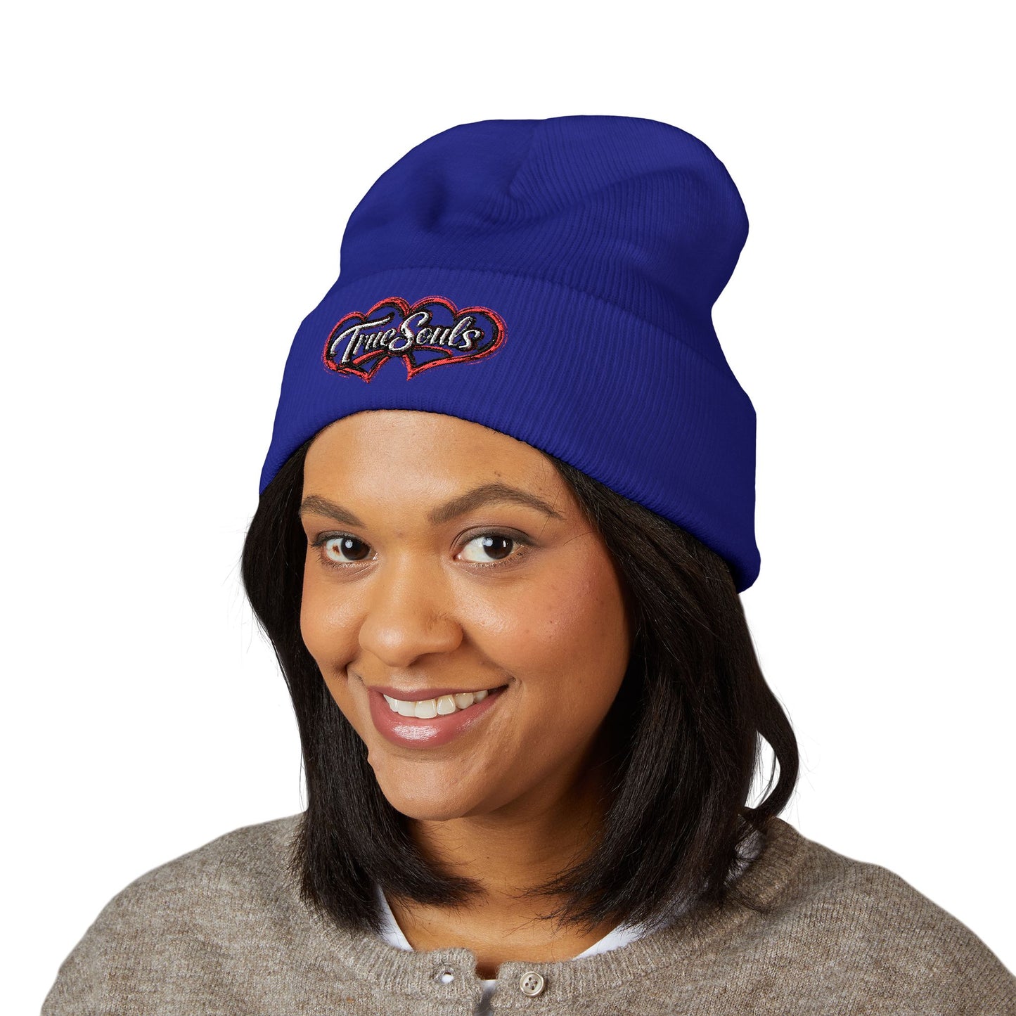 True Souls Double Heart Embroidered Cuffed Beanie