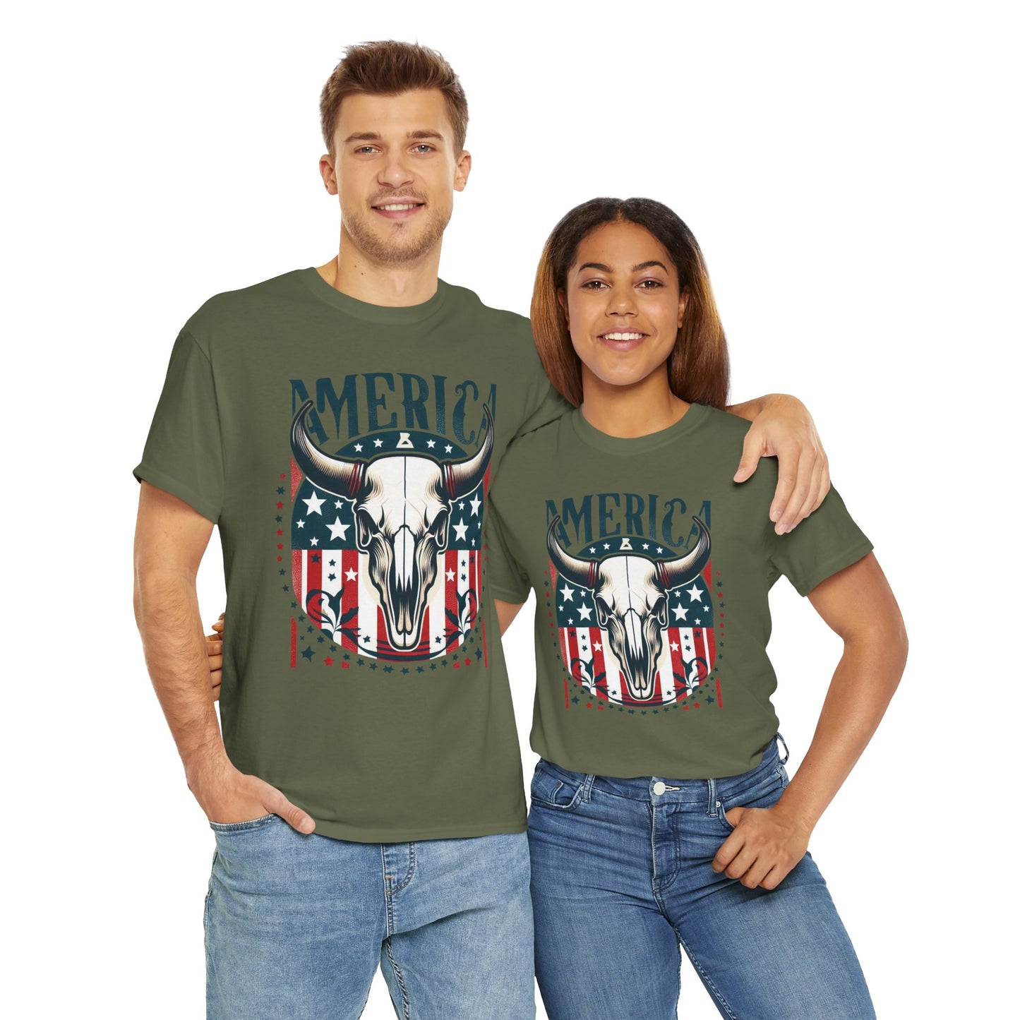 America Cow Skull Graphic Unisex Heavy Cotton Tee - Direct to Garment