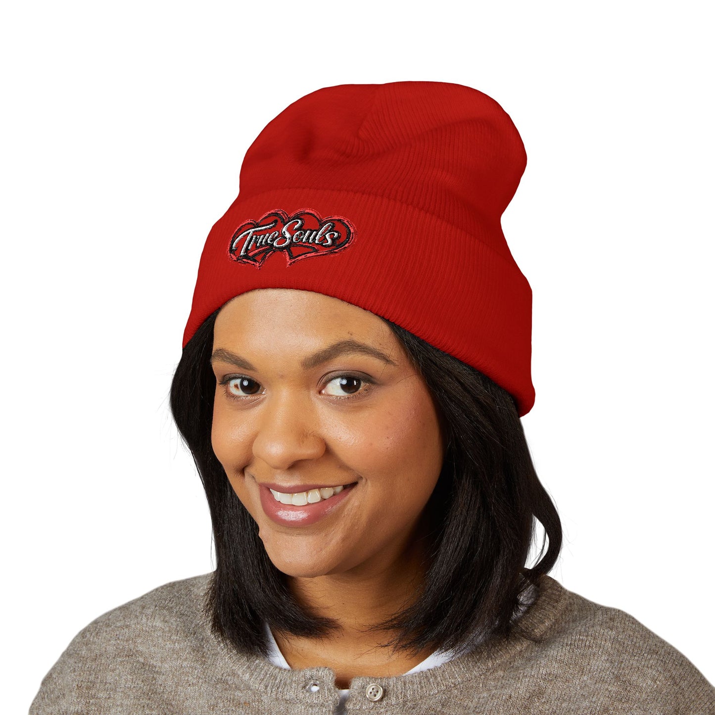 True Souls Double Heart Embroidered Cuffed Beanie