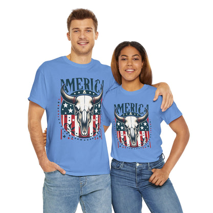 America Cow Skull Graphic Unisex Heavy Cotton Tee - Direct to Garment