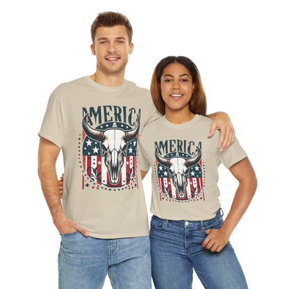 America Cow Skull Graphic Unisex Heavy Cotton Tee - Direct to Garment